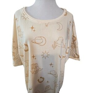 Umgee USA Cream Western Cowboy Boot Print Oversized T-shirt‎ Tunic Dress 1XL New